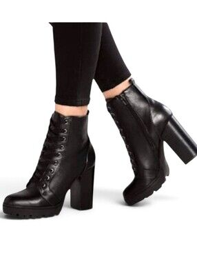 Steve Madden Laurie Black Heeled Lace-Up Side Zip Combat Boots Womens Size 9.5